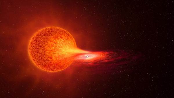 Gas swirls and spirals around the tiny star until it catastrophically implodes. Credit: Melbourne Planetarium ; 600x338