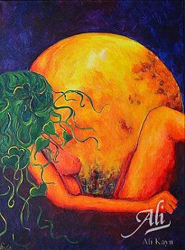 Moon Maiden, priestess of Diana, a fantasy painting by Ali Kayn, moon, night, female nude, fantastic, naked priestess; 280x378